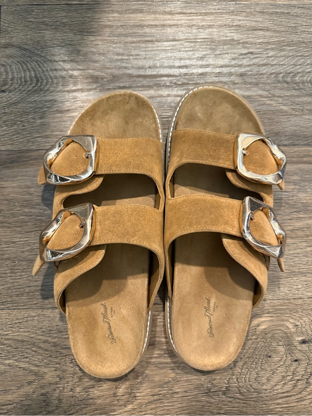 Suede Double Buckle Slide Sandals in Camel